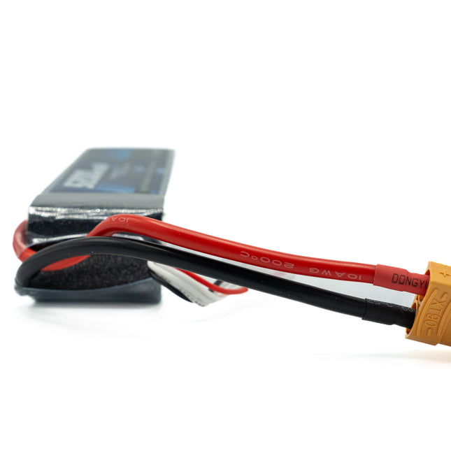 Battery pack with red and black cables and yellow connector on a white background