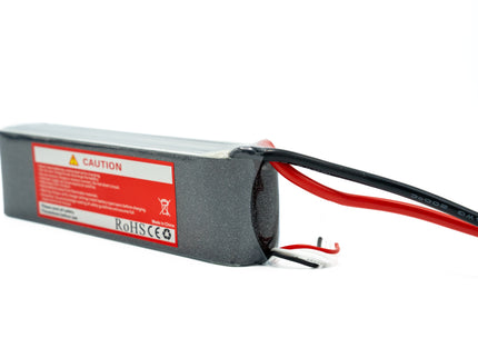Rectangular battery with red and black wires on a white background