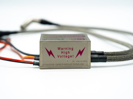 Electronic component with warning label 'High Voltage!' on a white background