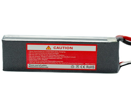 Battery pack with a red warning label on a white background