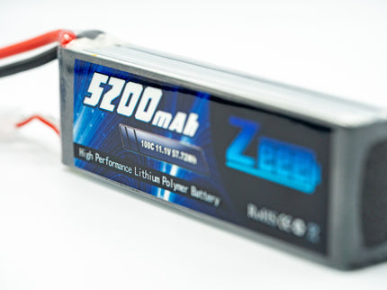 Lithium polymer battery with '5200mAh' and '11.1V' text on a white background