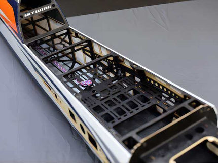 Close-up of a mechanical component with 'skywin' branding on a gray background