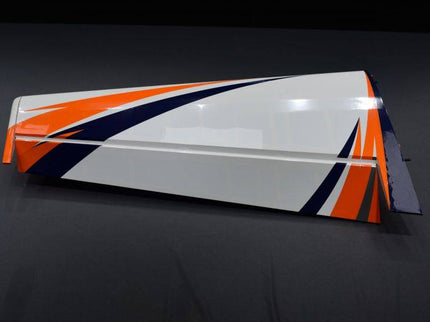 Colorful airplane wing with orange, blue, and white design on a dark background