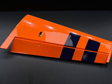 Orange under wing with black stripes on a dark background