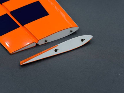 Orange and white airplane winglets on a gray background