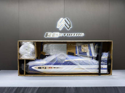 Model plane set in a box with a brand logo on a gray background