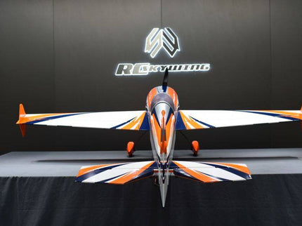 Model airplane on display with a branded background