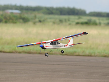 Phoenix Model Domino 62” Trainer Model airplane flying over a field with trees in the background