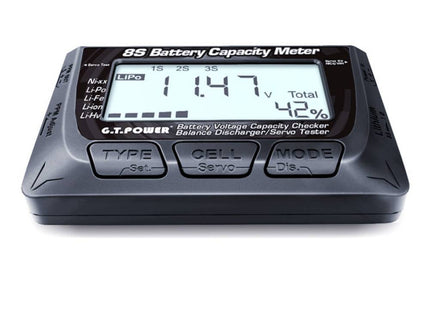 Battery capacity meter with digital display on a white background