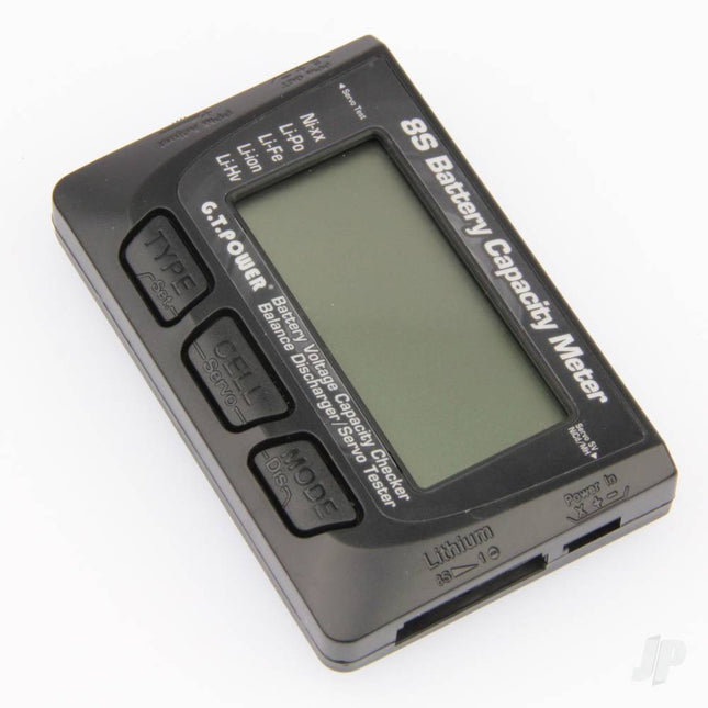 Battery capacity meter with digital display on a white background