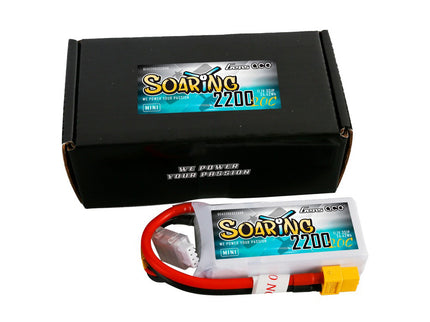 Black box with 'Soaring 2200' battery and connector on a white background