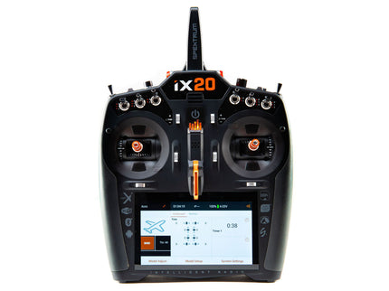 Black radio controller with digital display on a white background
