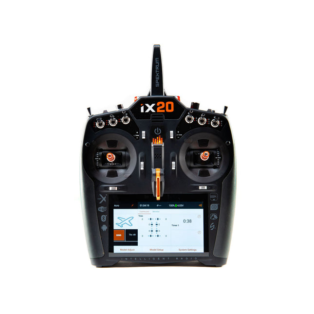 Black radio controller with digital display on a white background