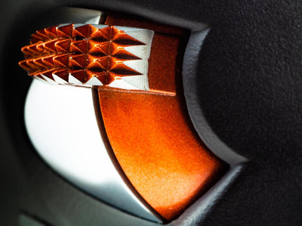 Close-up of a car emblem with a shield design and central star-like structure.