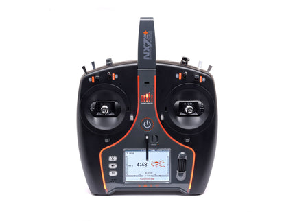 Black and orange remote control device with display on a white background