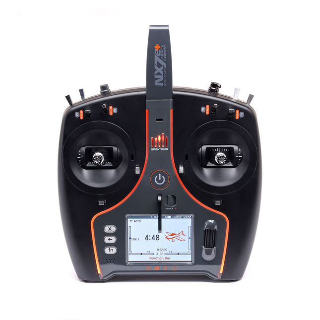 Black and orange remote control device with display on a white background