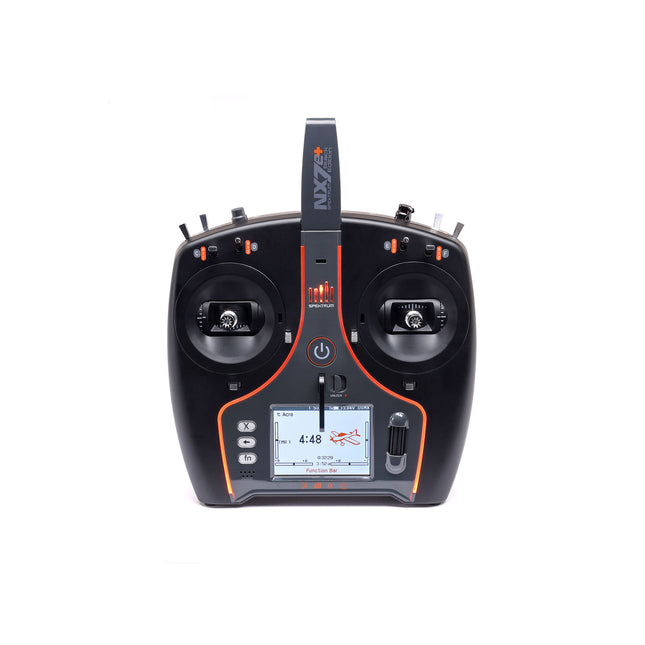Black and orange remote control device with display on a white background