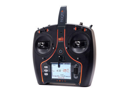 Black and orange remote control device with display on a white background