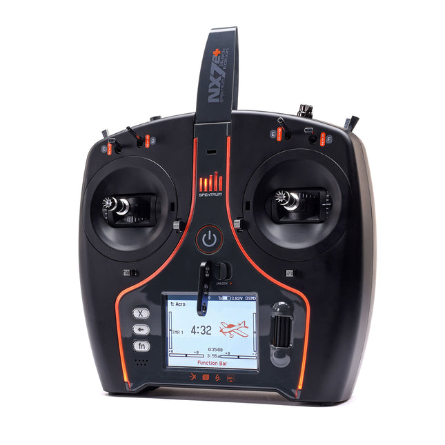Black and orange remote control device with display on a white background
