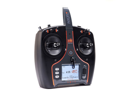 Black and orange remote control device with display on a white background
