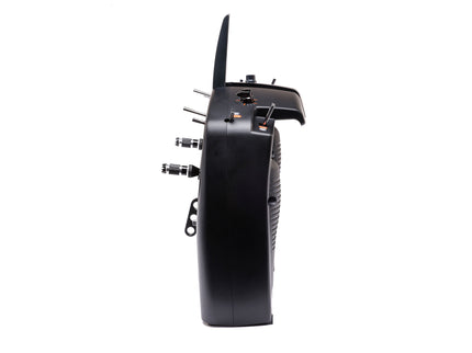 A black handheld electronic device with multiple antennas and side connectors, shown from a side profile view against a plain white background.