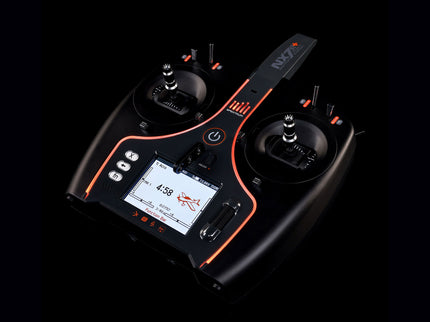 Black and orange remote control device with a screen on a black background