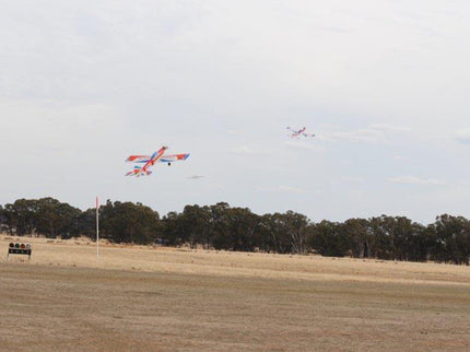 Two Phoenix Model PH006-SCANNER 57" model airplanes flying over a field with trees in the background