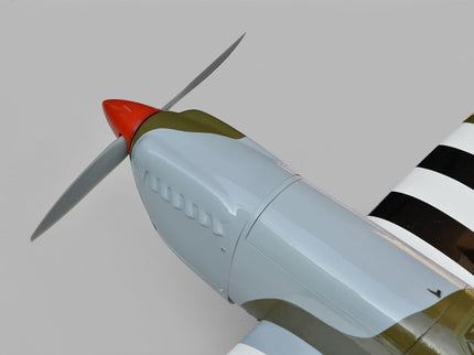 Phoenix Model Spitfire 61" ARF V2 with Electric Retracts Close-up of an airplane propeller and nose section against a plain background
