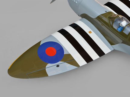 Phoenix Model Spitfire 61" ARF V2 with Electric Retracts Close-up of a vintage airplane with a red, blue, and white roundel on a gray background