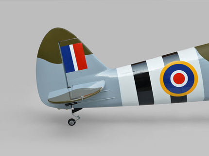 Phoenix Model Spitfire 61" ARF V2 with Electric Retracts Model airplane with British roundel and French flag on a gray background
