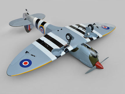 Phoenix Model Spitfire 61" ARF V2 with Electric Retracts Model of a vintage airplane with a gray body, black and white stripes, and red nose on a gray background