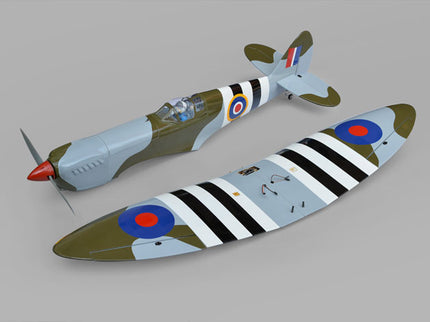 Phoenix Model Spitfire 61" ARF V2 with Electric Retracts Model of a vintage airplane with World War II-era camouflage and insignia on a gray background