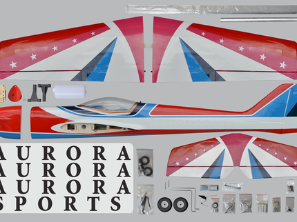 Phoenix Model AURORA 59" ARF Model airplane parts with 'Aurora Sports' branding on a white background