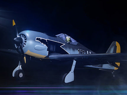 Phoenix Model FOCKE WULF WW2 airplane with propeller and lights against a dark background