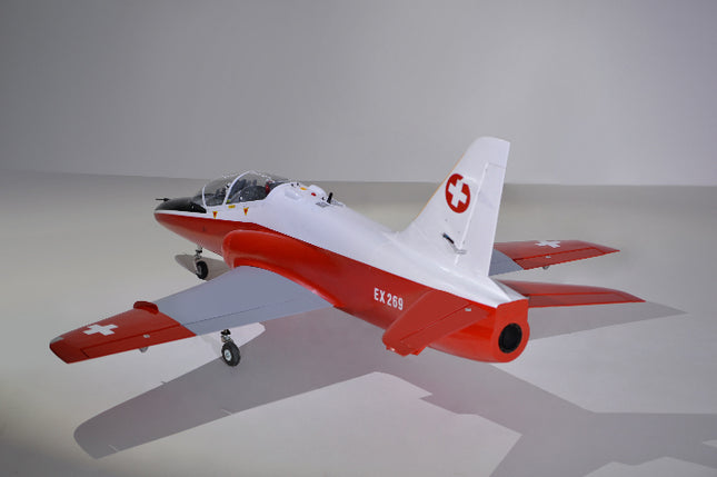 Phoenix Model BAE Hawk Jet 72" ARF V2 Red and white airplane model with Swiss flag design on a gray background