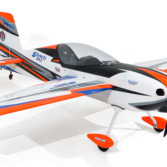 Phoenix Model SBACH 342 74'' ARF V2 Model airplane with orange and black accents on a white background