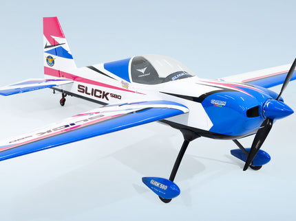 Phoenix Model SLICK 580 67" ARF V2 (20-26cc) Model airplane with 'Slick' branding on a light blue background