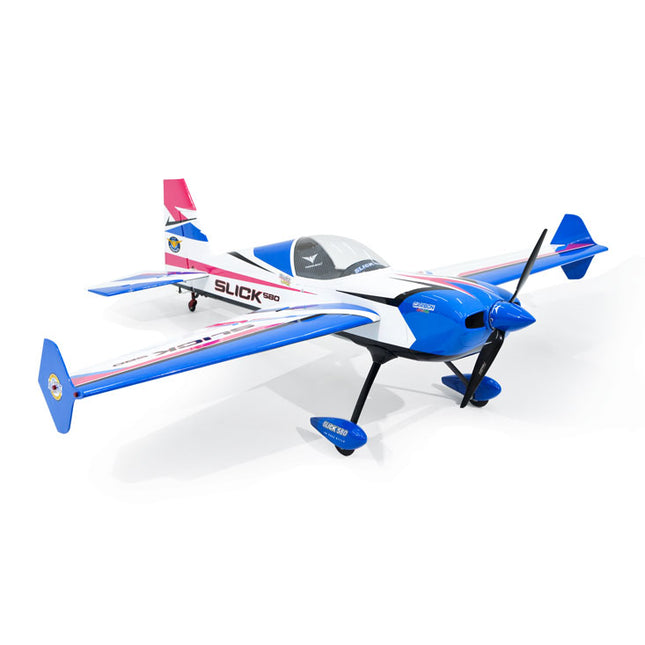 Phoenix Model SLICK 580 67" ARF V2 (20-26cc) Model airplane with blue and white design on a white background