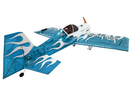 Blue and white model airplane with flames on a white background