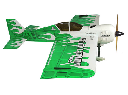 Green and white model airplane with propeller on a white background