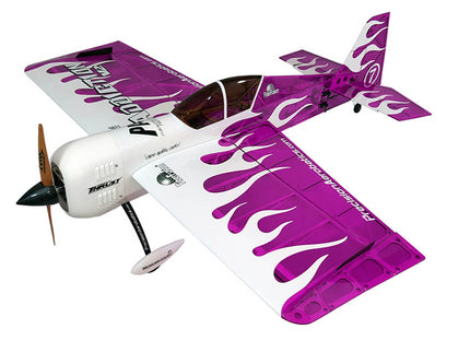 Model airplane with purple flames on a white background
