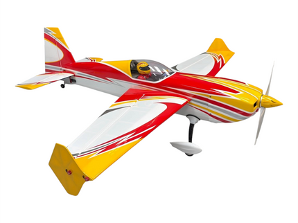 Colorful model airplane with red, yellow, and white design on a white background