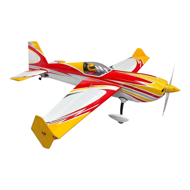 Colorful model airplane with red, yellow, and white design on a white background