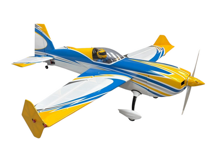 Colorful model airplane with blue, yellow, and white design on a white background