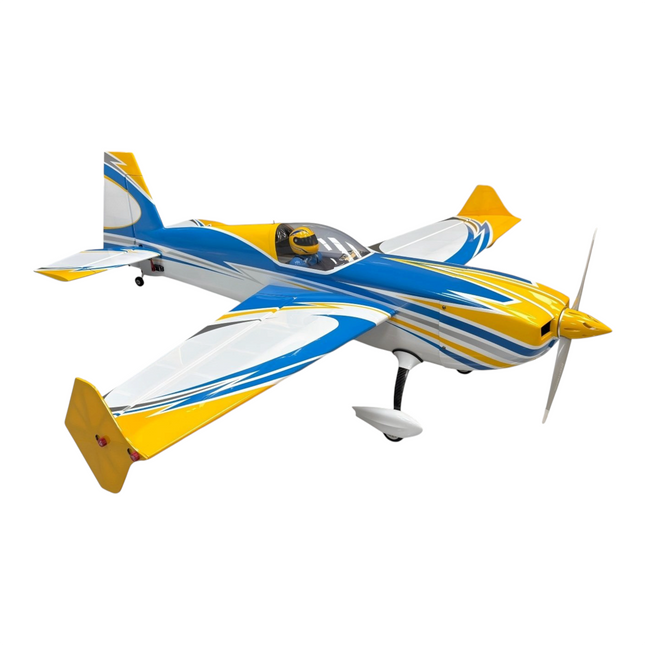 Colorful model airplane with blue, yellow, and white design on a white background