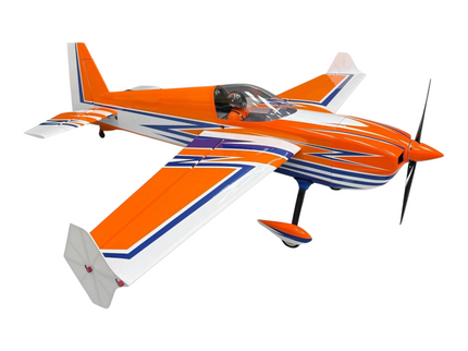 Orange and white model airplane with blue accents on a white background
