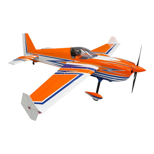 Orange and white model airplane with blue accents on a white background