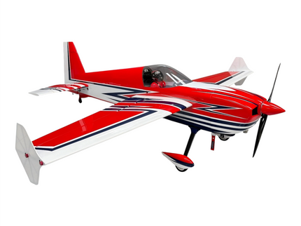 Red and white model airplane with blue accents on a white background