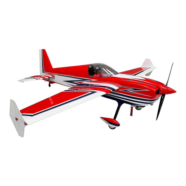 Red and white model airplane with blue accents on a white background