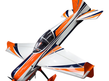 Orange, white, and blue model airplane on a white background